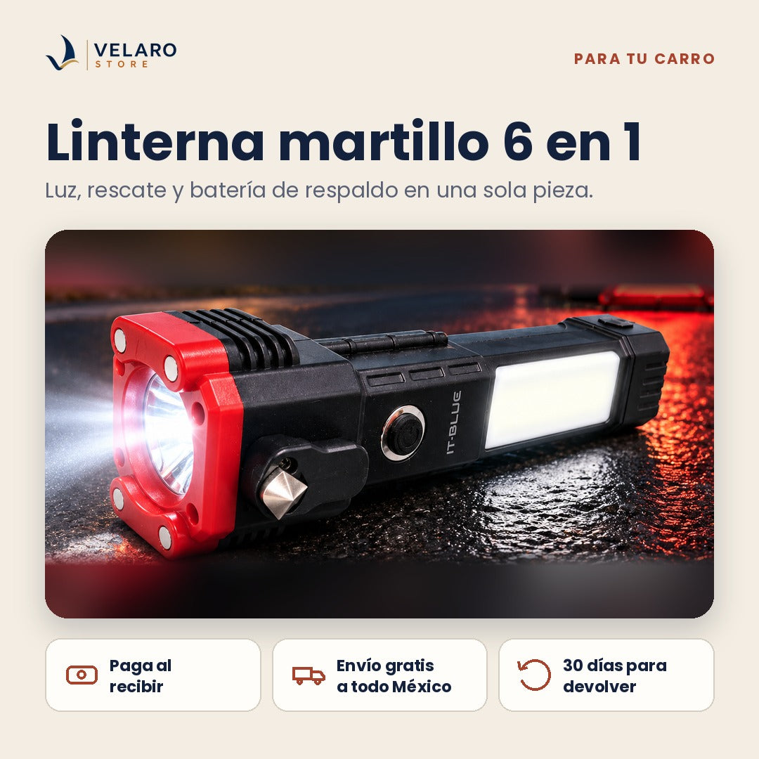 Linterna martillo 6 en 1: luz, rescate y batería de respaldo