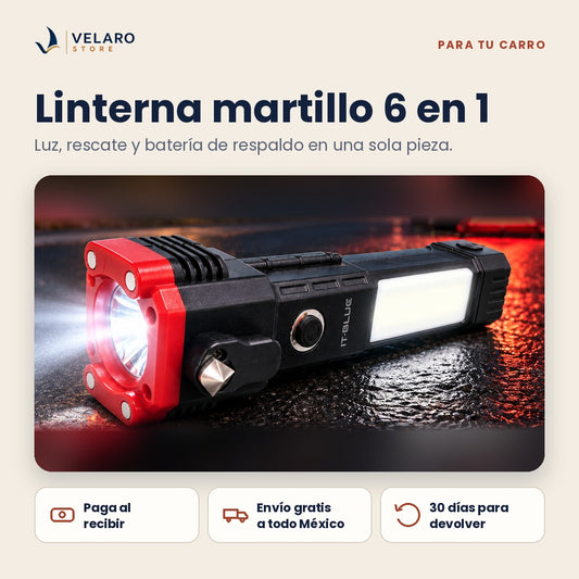 Linterna martillo 6 en 1: luz, rescate y batería de respaldo