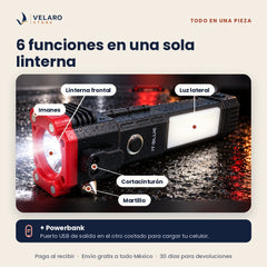 Las 6 funciones de la linterna: foco, luz lateral, imanes, cortacinturón, martillo y powerbank