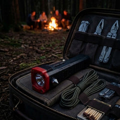 Linterna en un kit de camping junto a la fogata
